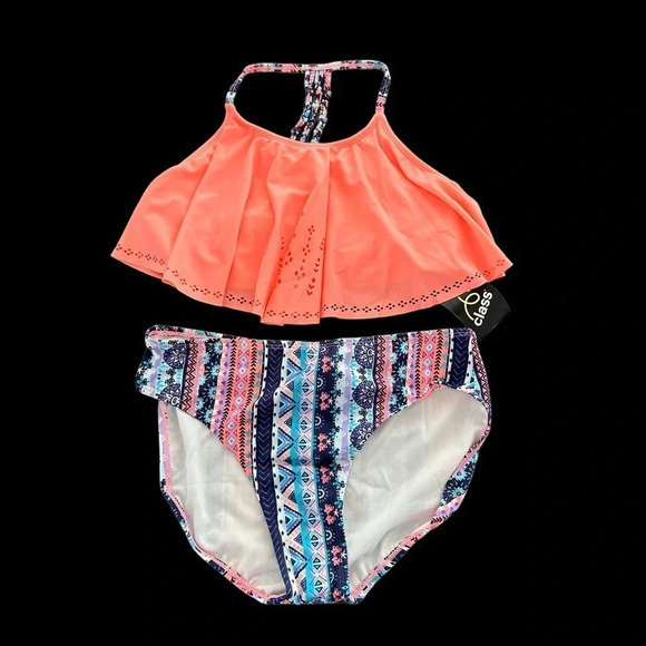 NWT Art Class Girls XXL 18 Coral Blue Ruffle 2 Piece Bikini Swimsuit Boho New - Picture 1 of 4